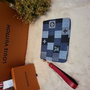 LOUIS VUITTON Denim Damier Monogram Patchwork Neverfull MM Pochette Blue Rouge